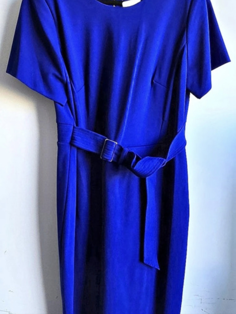 Calvin Klein Midi Short Sleeve Belted Sheath Dress with Gold Back Zipper Blue